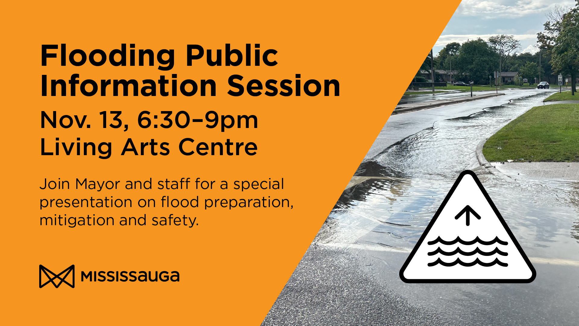 A flooding info session graphic including a street with a lot of water