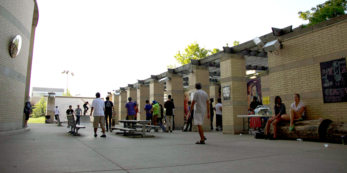 Skateboarders in the skate park.