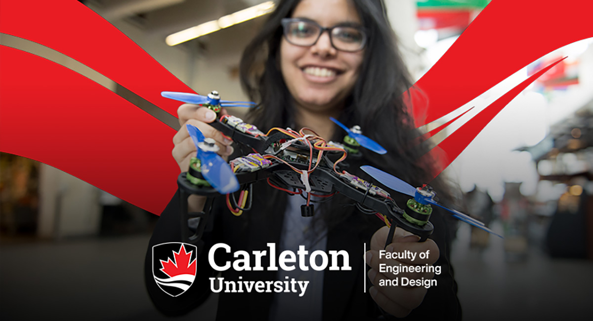 A university student holding an aviation drone.