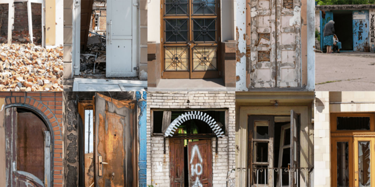 A collage of Ukrainian doors.