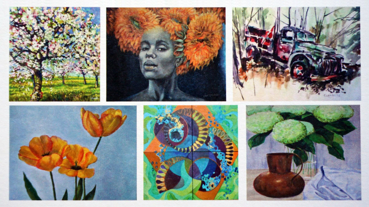 A collage of paintings.