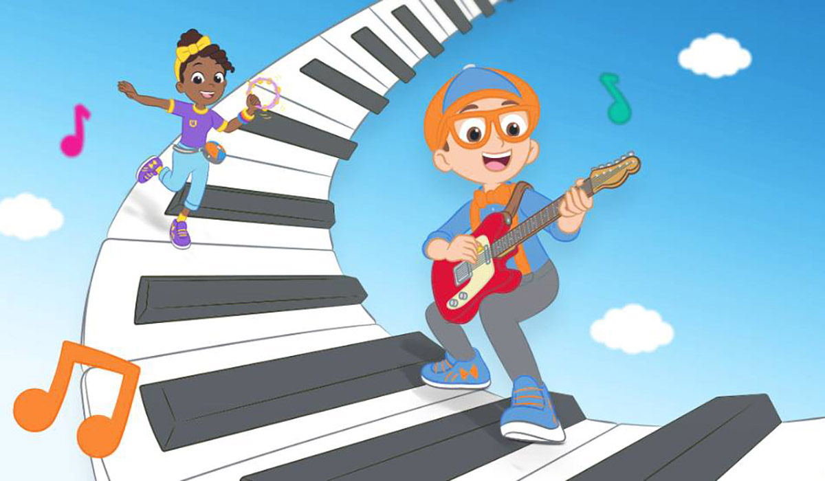 A cartoon of Blippi on piano keys