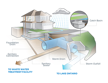 A diagram showing pipes beneath a house. The foundation drain and sanitary connection connect to the sanitary sewer, which goes to waste water treatment facility. The catch basin between the house and the road connects to the storm drain, which connects to the storm outfall and Lake Ontario.