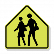 Yellow school sign with the outline of two people crossing a street