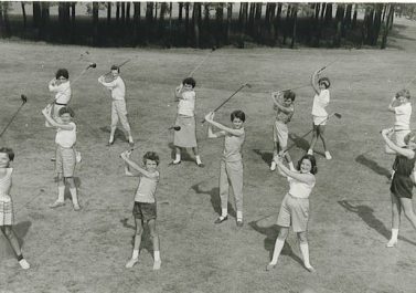 Women playing golf at Lakeview. This image is from the archives and in black and white