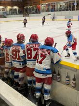 Members of the Erindale Spitfires hockey club watch teammates play a game.