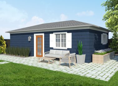 One-bedroom garden suite with blue wood siding