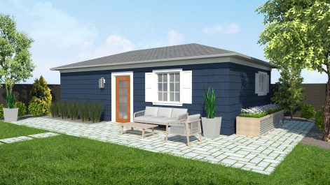 One-bedroom garden suite with blue wood siding