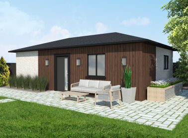 One-bedroom garden suite with beige brick and vertical wood siding
