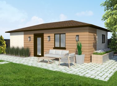 One-bedroom garden suite with natural wood siding