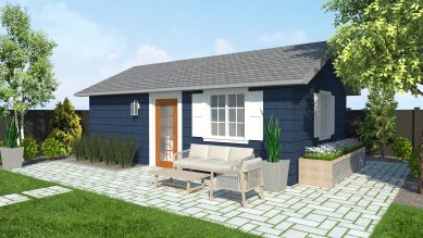 Studio garden suite with blue wood siding