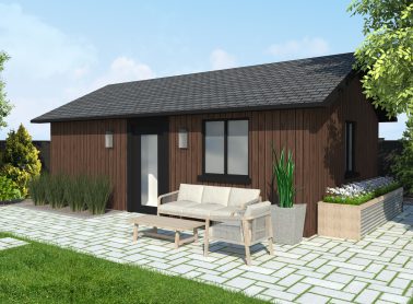 Studio garden suite with vertical natural wood siding