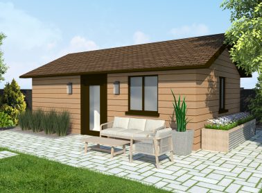 Studio garden suite with natural wood siding