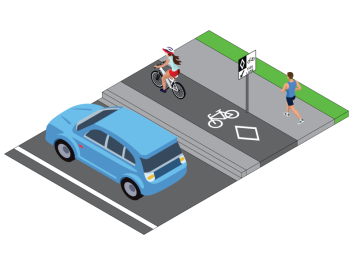 Artist rendering showing a cyclist in a lane next to the roadway on the same elevation as the sidewalk with the sidewalk on the other side of the cycle track.