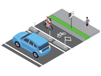 Artist rendering of a cyclist on a bike lane in the street next to a car with short white poles installed on barriers between the car and the cyclist.