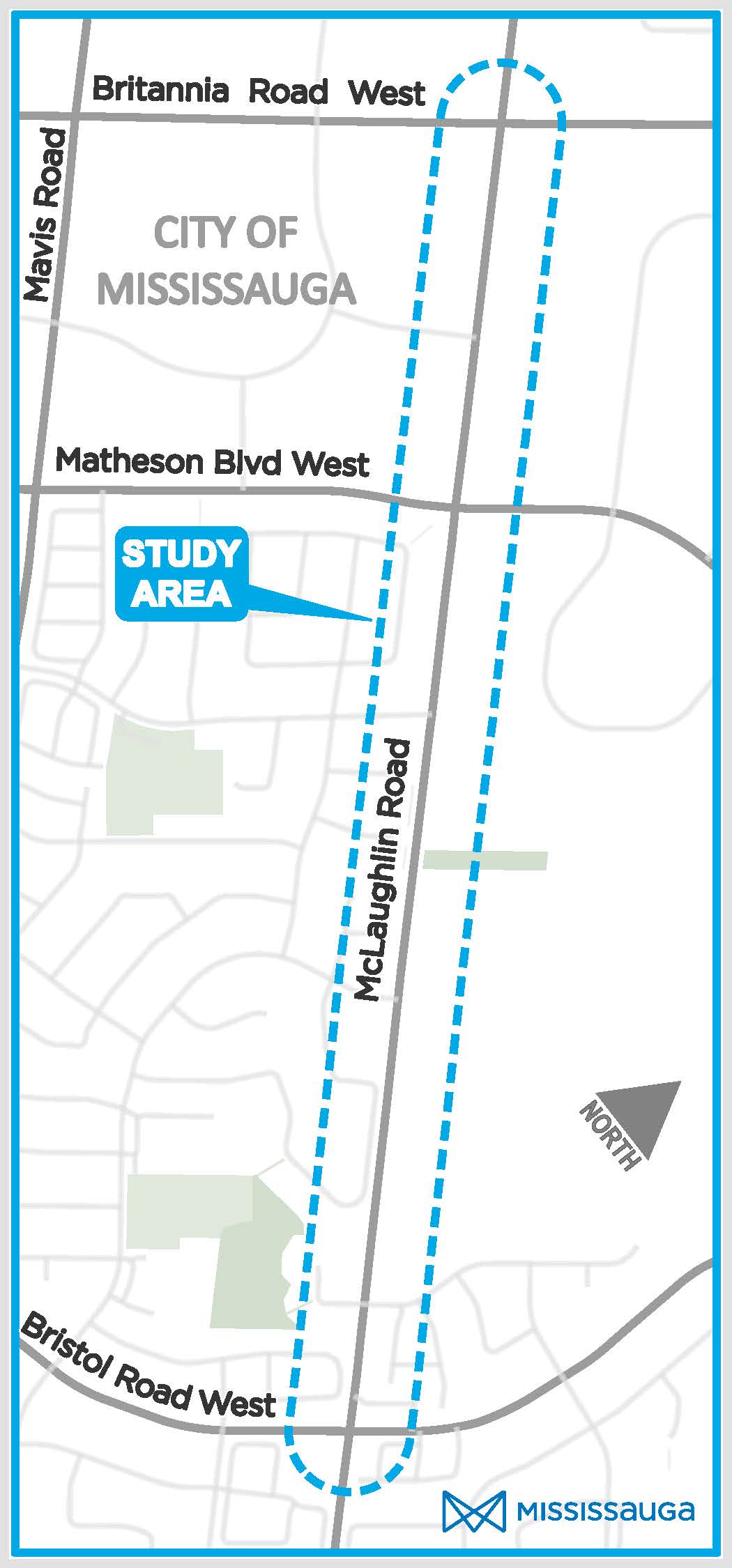 Map of the study area, covering McLaughlin Road from Bristol Road West in the South to Britannia Road West in the North.