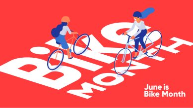 Celebrating Bike Month in June with cyclists riding their bikes.