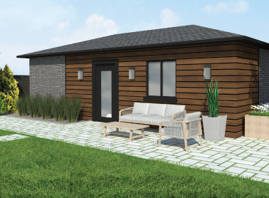 Rendering of a one-bedroom garden suite with wood siding