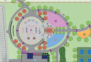 Artist rendering of the park design proposal from overhead showing a loop path with trees lining the paths and sections of the park with multi-use play areas outlined. 