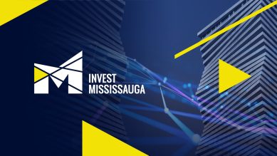 An identifer for Invest Mississauga which is navy, white and yellow.