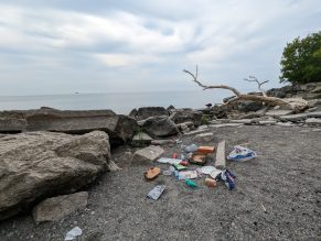 Plastics waste littered on the beach