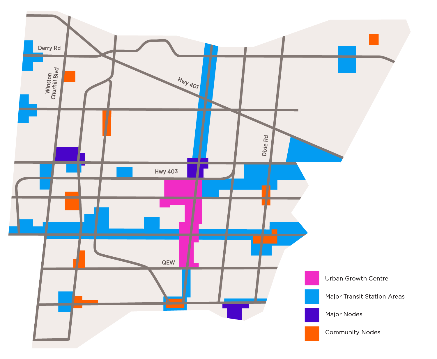 Map of Mississauga highlighting the Urban Growth Centres, Major Transit-Station Areas, Major Nodes and Community Nodes