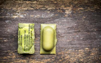 Two bait packs that contain a rabies vaccine.