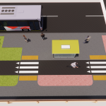 Rendering of aerial view of bike lane with white arrows that runs behind the bus stop