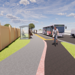 Rendering of raised bike lane that runs in front of the bus stop