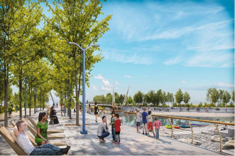 People enjoying treelined waterfront open space on a sunny day