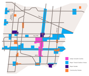 Map of Mississauga highlighting the Urban Growth Centres, Major Transit-Station Areas, Major Nodes and Community Nodes