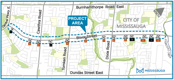 Future bus stop locations for eastbound Bloor Street between Central Parkway East and Etobicoke Creek