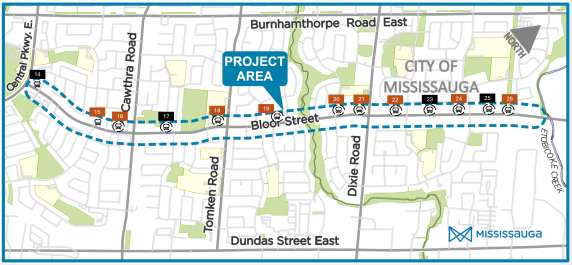 Future bus stop locations for westbound Bloor Street between Central Parkway East and Etobicoke Creek