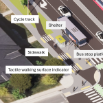 Design C2 showing a bus stop platform with a shelter plus cycle track, sidewalk and tactile walking surface