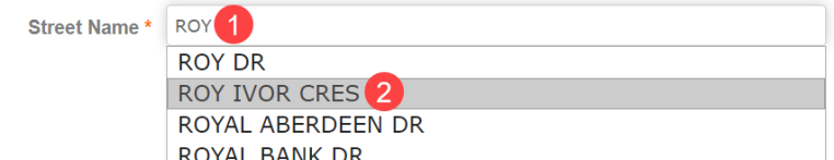 The street name field from ePlans with the letters R.O.Y in the field and street name suggestions below