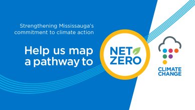 Graphic of "Strengthening Mississauga's commitment to climate action. Help us map a pathway to Net Zero"