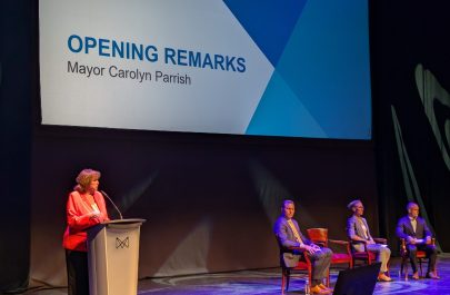 Mayor Carolyn Parrish and panel presenters at the City's Flood Information Session at the Living Arts Centre.