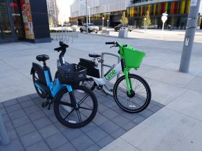 Close up of two shared e-bikes parked in Mississauga