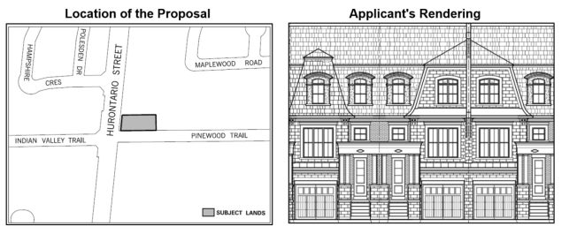 Map of proposed development area and artist rendering of townhomes