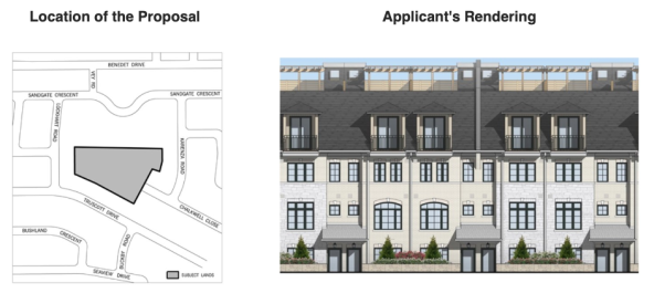 Map of proposed development location and artist rendering of townhomes