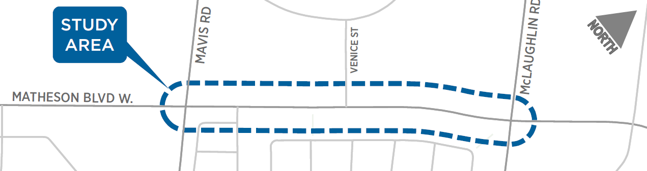 Map of the project study area, spanning from Mavis Road to McLaughlin Road on Matheson Boulevard West 