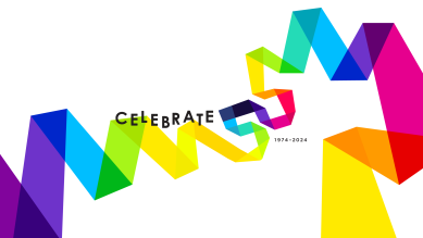 Multi-coloured ribbon against white background with the word Celebrate and the date 1974-2024 featured prominently. 