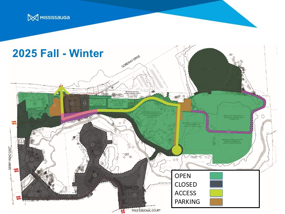 Map that shows closures and changes to access points at Paul Coffey Park during construction in fall and winter of 2025.