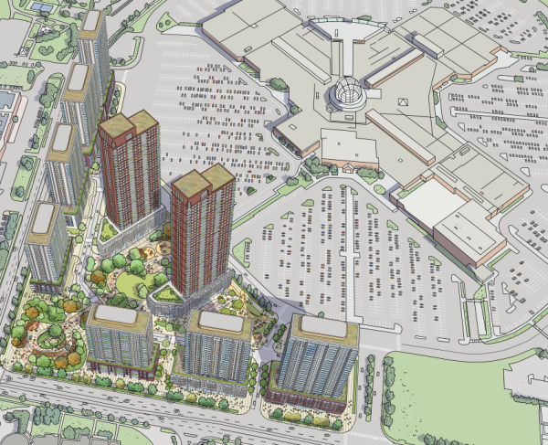 Artistic rendering of the 9 buildings proposed for the development site