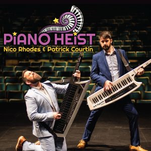 Two people playing instruments promoting the show Piano Heist