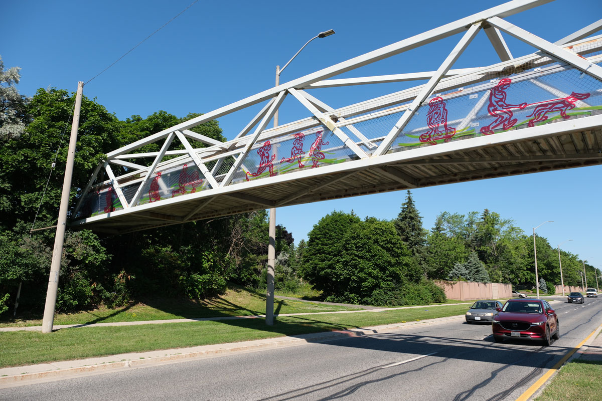 The pedestrian bridge at Winston Churchill Boulevard, north of Britannia Road West