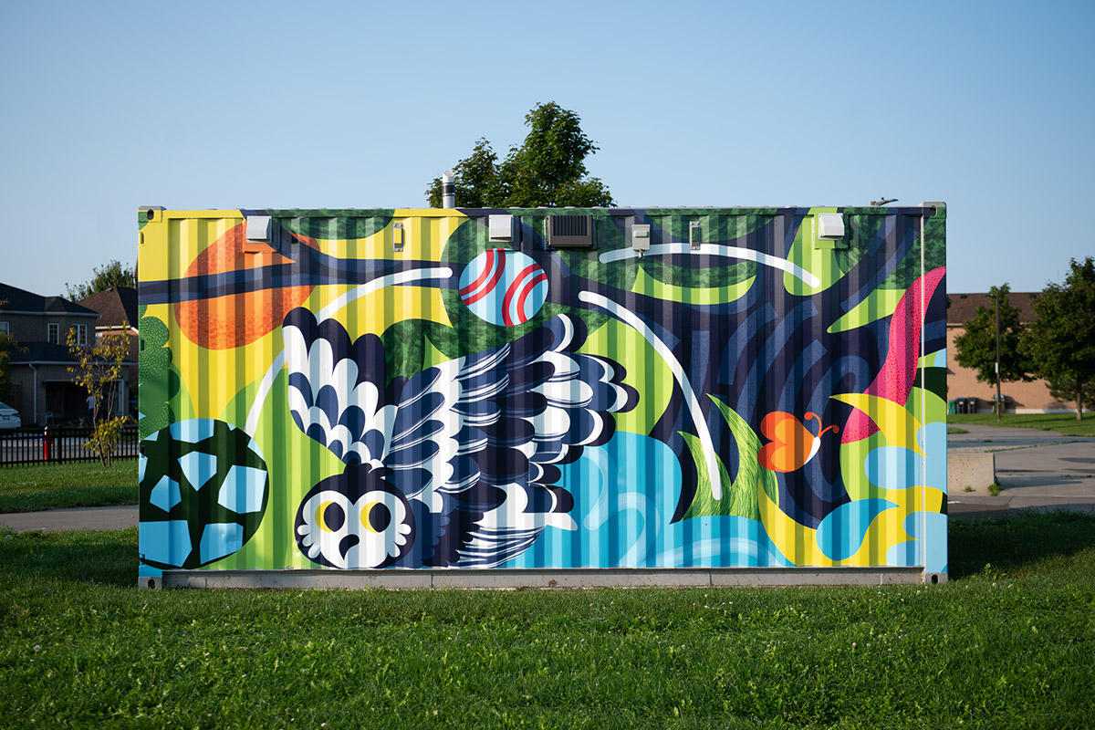 An colourful illustration on a shipping container.