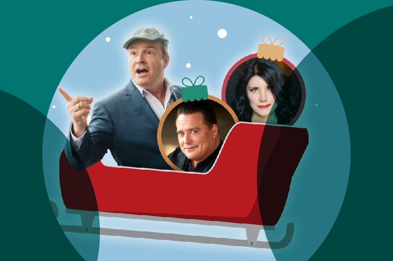 The Debaters cast for the tour imposed on a red sleigh