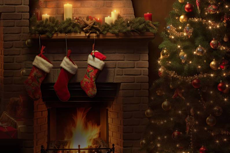 stockings hanging on a fireplace mantel with a decorated tree