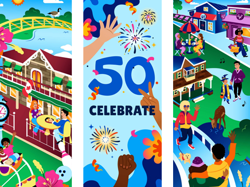 Colourful, illustrated banners with the text 50 Celebrate in the middle.